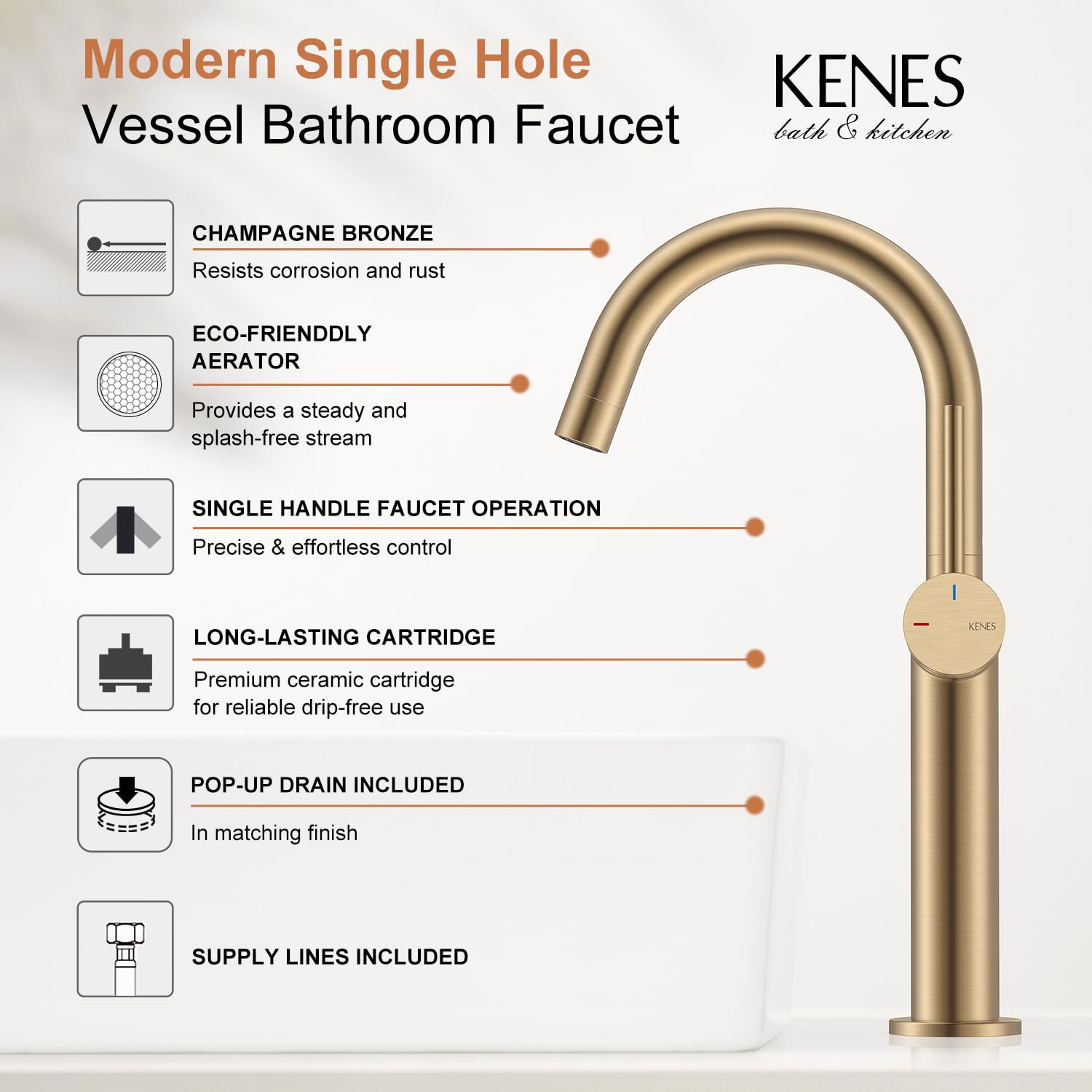 KENES Black and Gold Single Handle Bathroom Sink Faucet, Modern Prep Wet Bar Sink Faucet with Drain Assembly & Deck Plate, Vanity Faucets for Farmhouse RV Camper Utility, KE-9005B-BG