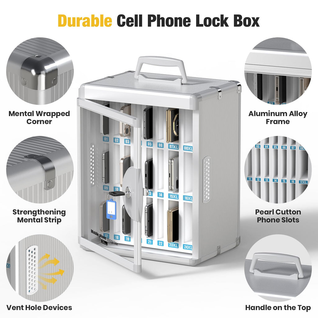 Glosen Cell Phone Locker 24 Slots, Portable Phone Storage Cabinet [Wall Mounted] [Silver 24 Slots-Universal Key ] Aluminum Alloy Cellphone Lock Box with Key & Handle for School Classroom Office Exam
