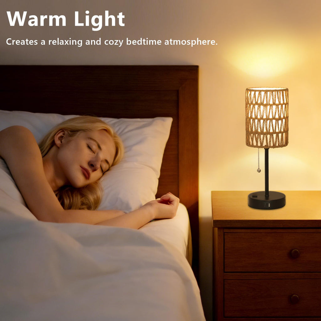 Rattan Bedside Table Lamps Set of 2 - Boho Lamps With 3 Color Temperatures & USB AC Port, Pull Chain Table Lamp For Bedroom, Cute Small Lamp For Nightstand Office Desk Bed Side End Table Living Room