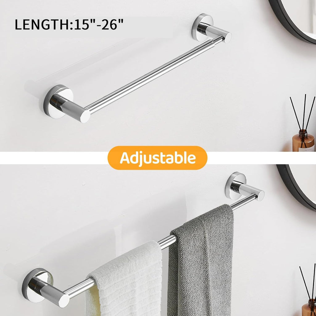 BESy Adjustable 15 to 26 Inch Single Bath Towel Bar for Bathroom SUS304 Stainless Steel Towel Holder, Wall Mount with Screws Hand Towel Bar Rod Hotel Style, Brushed Gold