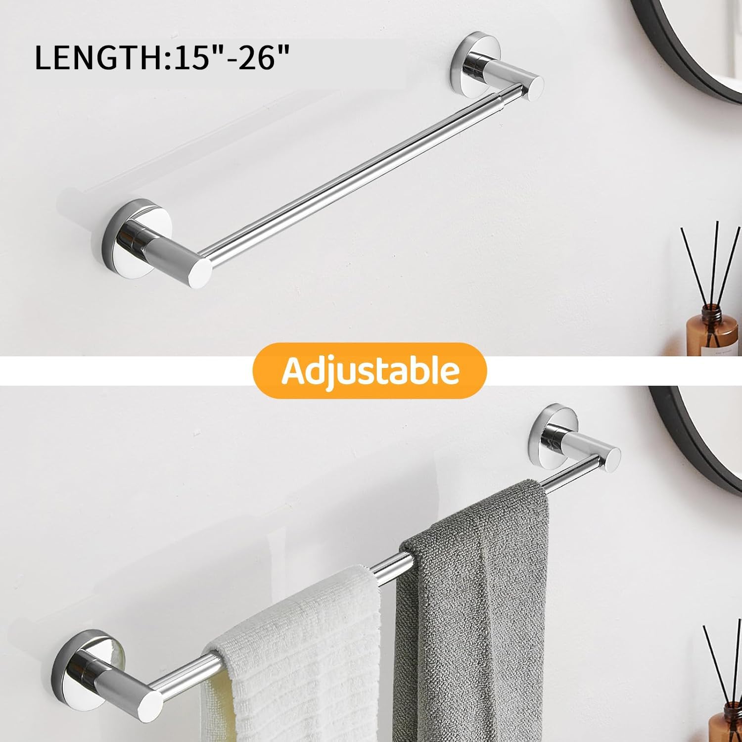 BESy Adjustable 15 to 26 Inch Single Bath Towel Bar for Bathroom SUS304 Stainless Steel Towel Holder, Wall Mount with Screws Hand Towel Bar Rod Hotel Style, Brushed Gold