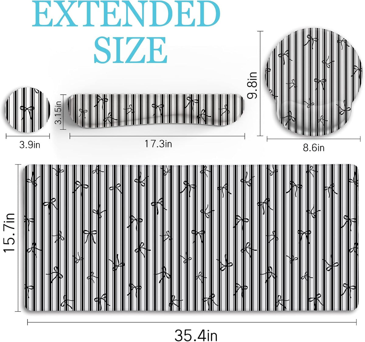 Black Striped Ergonomic Large Desk Mat Set with Wrist Rest