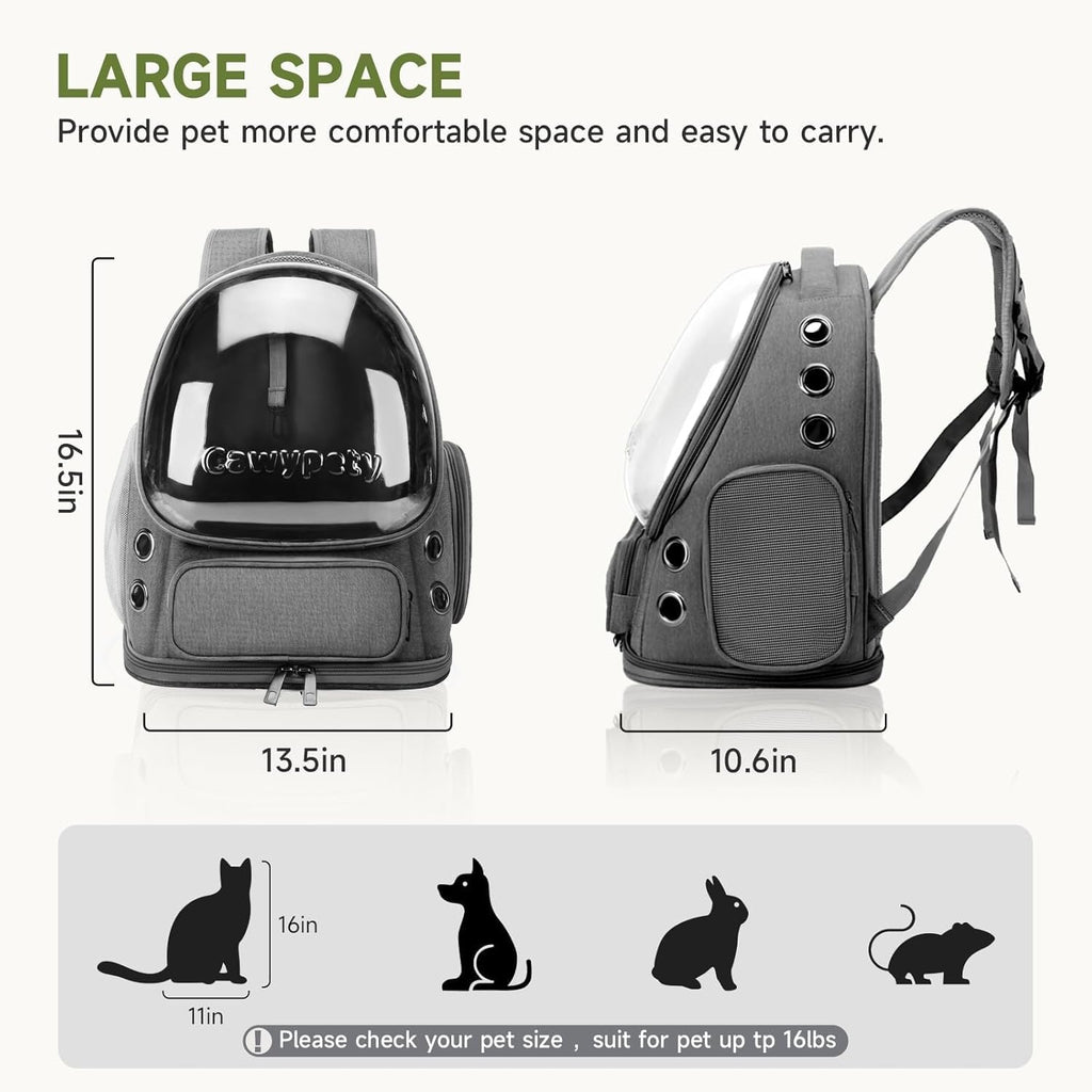 Cawypety Cat Backpack Carrier, Breathable Cat Carrier Large Space Bubble Pet Backpack for Kitty Small Dog up to 12lbs, Transparent & Foldable Pet Carrier for Travel Hiking (Black