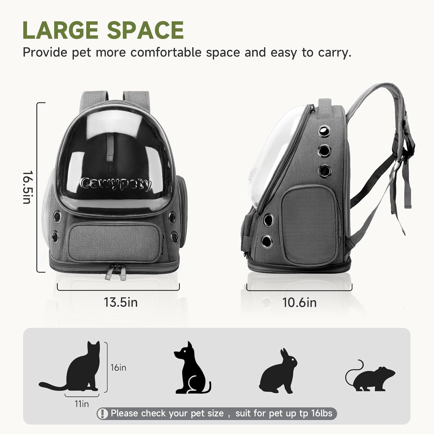 Cawypety Cat Backpack Carrier, Breathable Cat Carrier Large Space Bubble Pet Backpack for Kitty Small Dog up to 12lbs, Transparent & Foldable Pet Carrier for Travel Hiking (Black