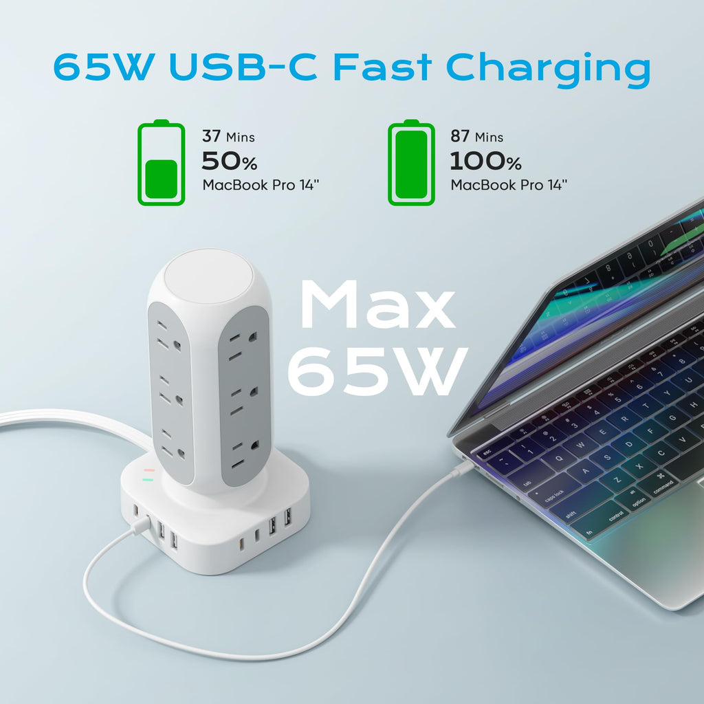 Flat Plug Power Strip Tower, TenTrend Dual PD 20W USB-C Charger Tower with 12 AC Outlets & 8 USB Ports (4 USB C), 40W Total Fast Charging Station, 10FT Extension Cord for Desk Office Dorm Room