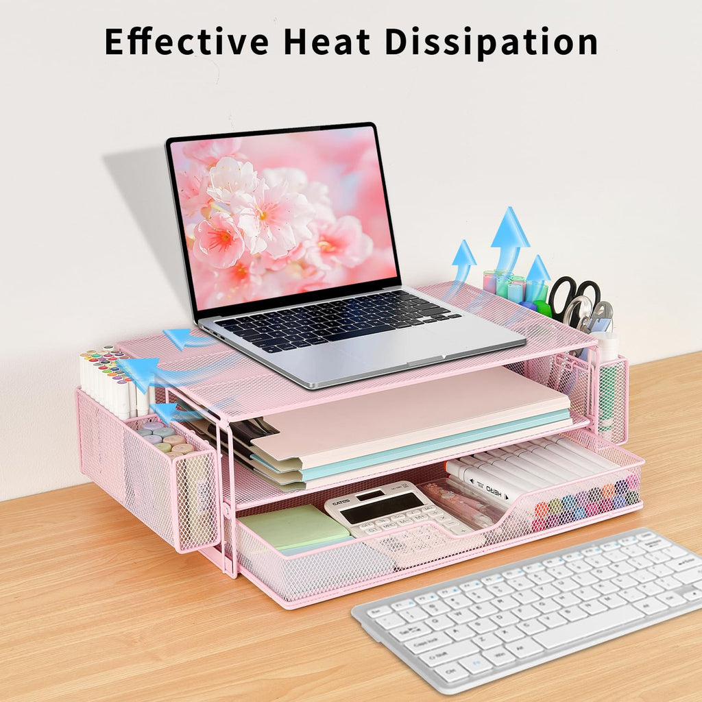 AUPSEN 2 Tier Computer Monitor Stands with Drawer and 2 Pencil Holder, Metal Monitor Stand Monitor riser, Computer Desk Organizer and Accessories for Laptop, Computer, Printer, Office Supplies(Black)