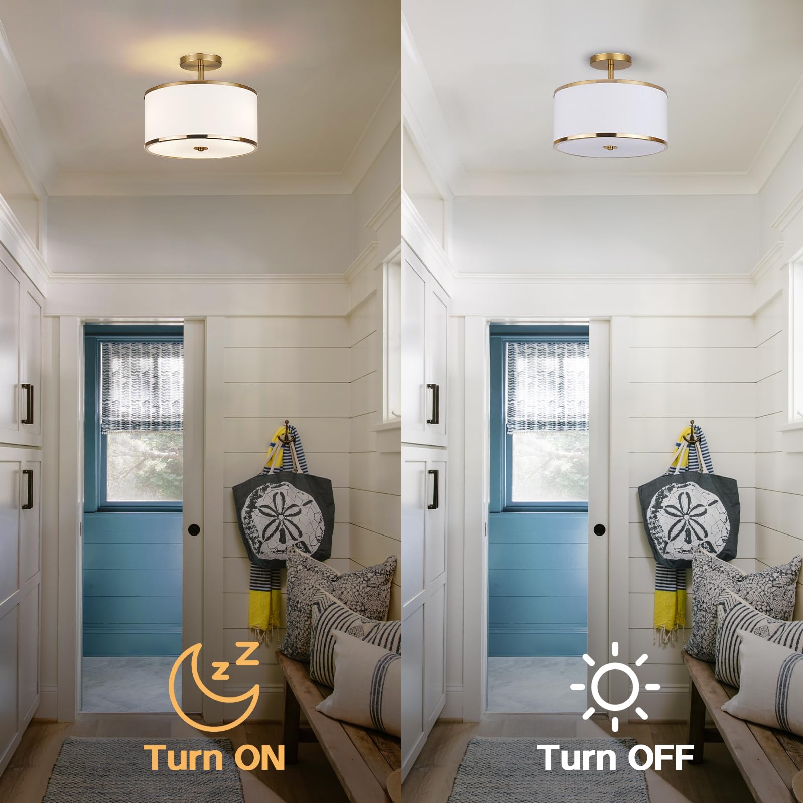 CALOKES Semi Flush Mount Ceiling Light, 11.8" Modern 3-Light Fixture with Petal-Shaped Cream White Fabric Shade and Golden Support Arm, Ideal for Bedroom, Kitchen, Living Room, Hallway, and Entryway