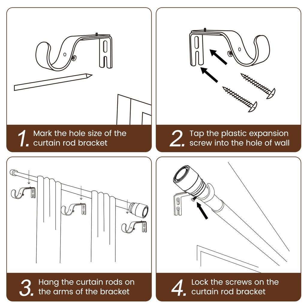 1” Diameter brown curtain rod Itself is 30 to 60 inch. 1 Pack Fits 30-54 inch Windows with Heavy Duty Adjustable brown curtain rods Splicing Metal Extra Long Curtain Rod