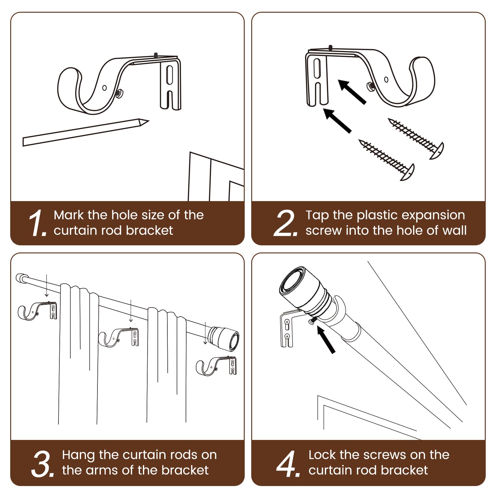 1” Diameter brown curtain rod Itself is 30 to 60 inch. 1 Pack Fits 30-54 inch Windows with Heavy Duty Adjustable brown curtain rods Splicing Metal Extra Long Curtain Rod