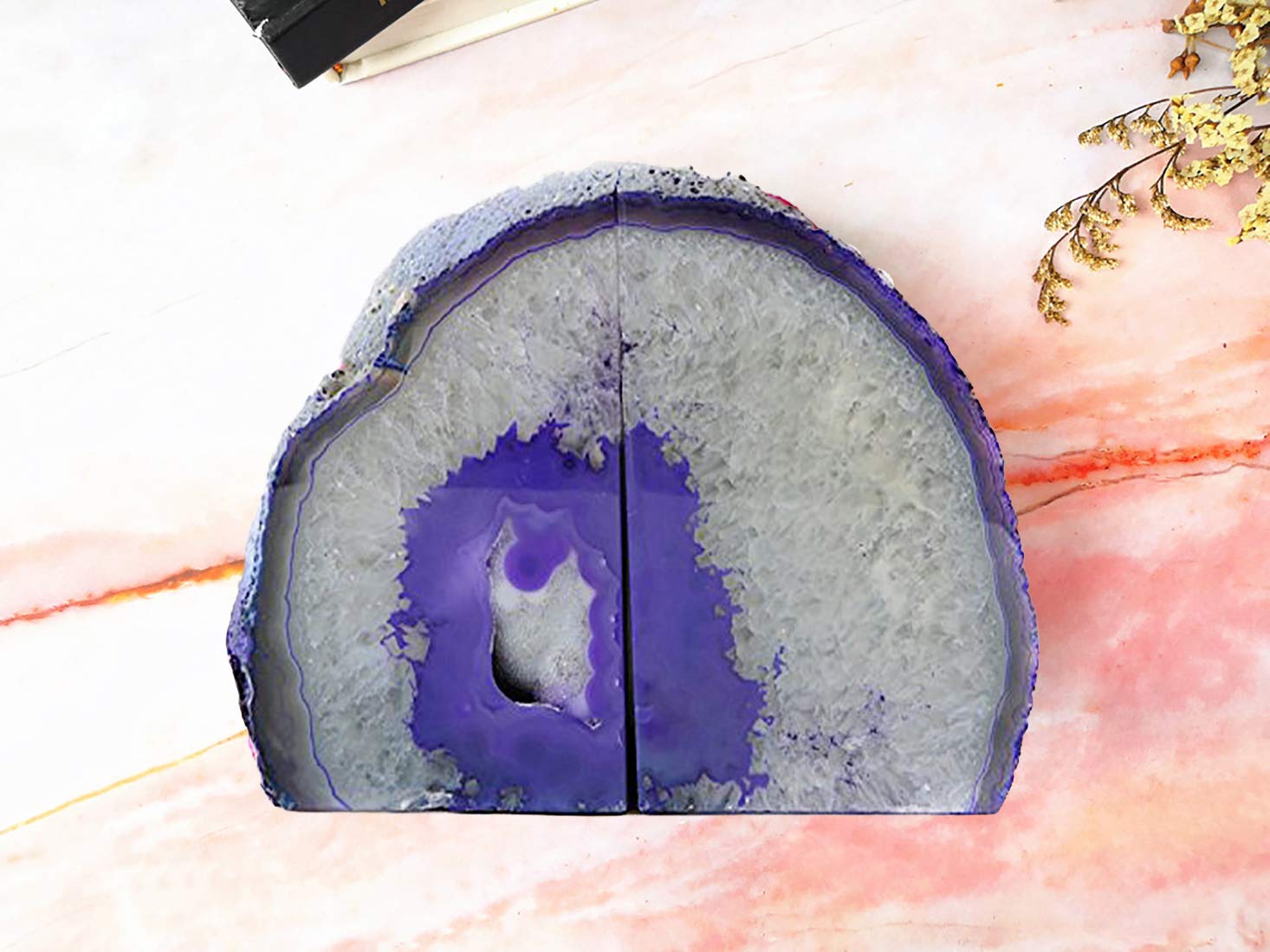 JIC Gem Black Agate Geode Bookends 2-3 Lbs Anti-Slip Rubber Pads Heavy Duty | 1Pair Natural Black Agate Crystal Decor for Shelves & Desk, Unique Small Stone Book Holder Gift for Office & Home Decoration