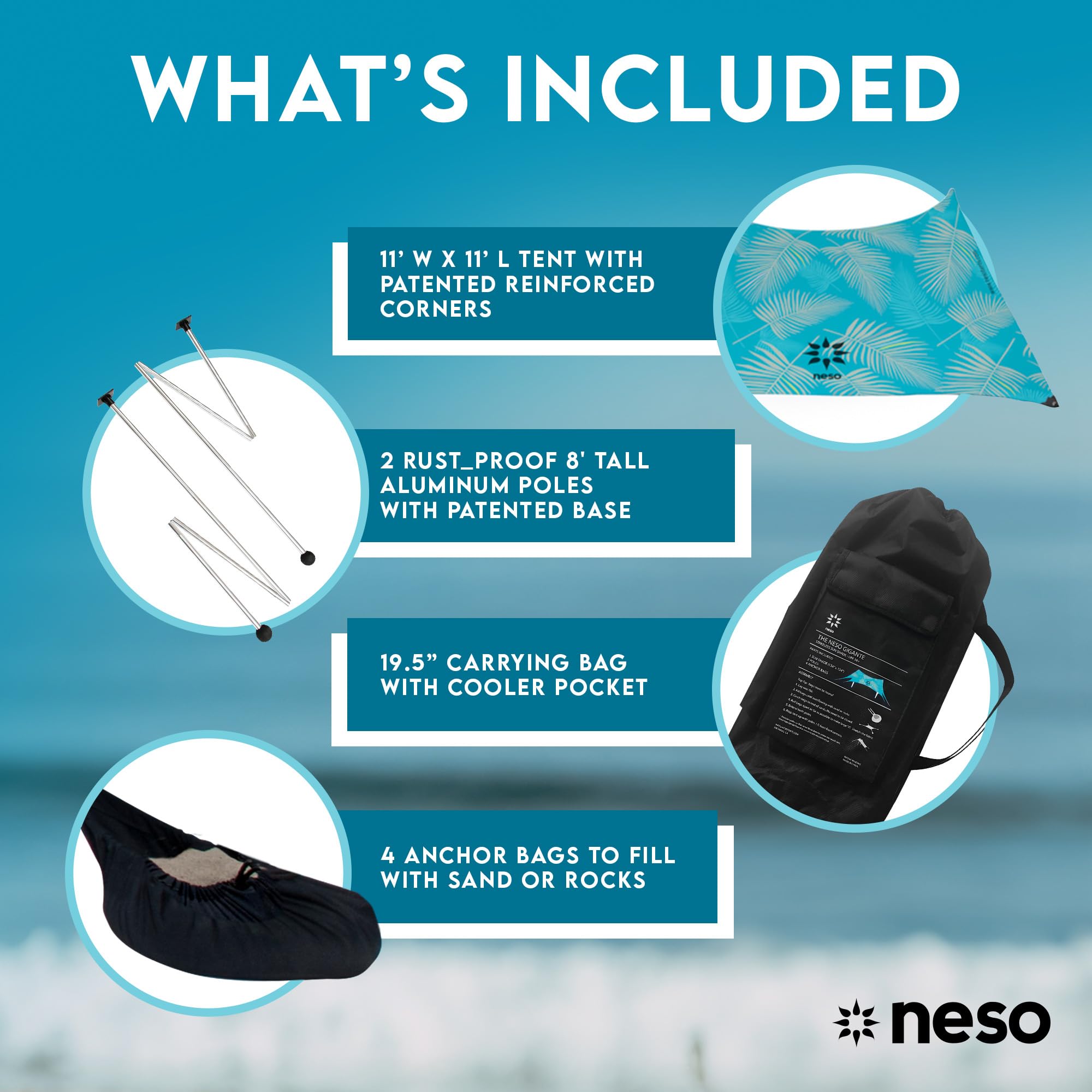 Neso Gigante Portable Beach Tent Sun Shelter - Lightweight Beach Shade Canopy - Easy Setup for Family Outings - Patented Reinforced Corners - UPF 50+ - 8ft Tall, 11 x 11ft - Save The Whales