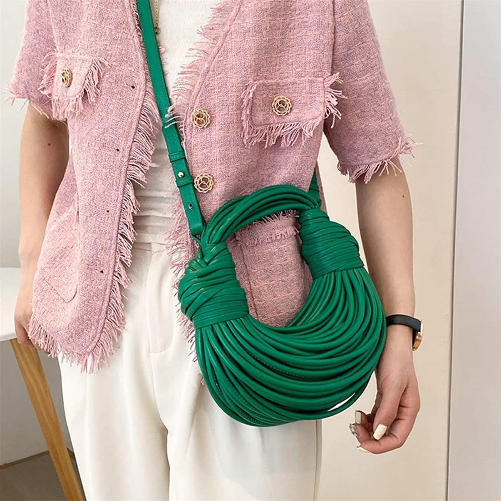 Hand-Woven Bread Women's Clutch Top Handle Satchel Shoulder Crossbody Creative Noodles Purses Underarm Bag Handbag