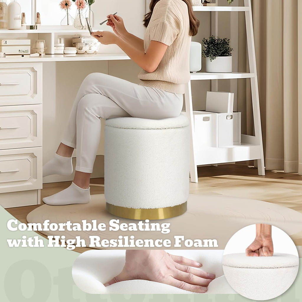 Joveco Boucle Round Ottoman with Storage,Vanity Stool with Storage for Bedroom, Ottoman Coffee Table,Small Boucle Foot Stool for Living Room, Black with Gold Plating
