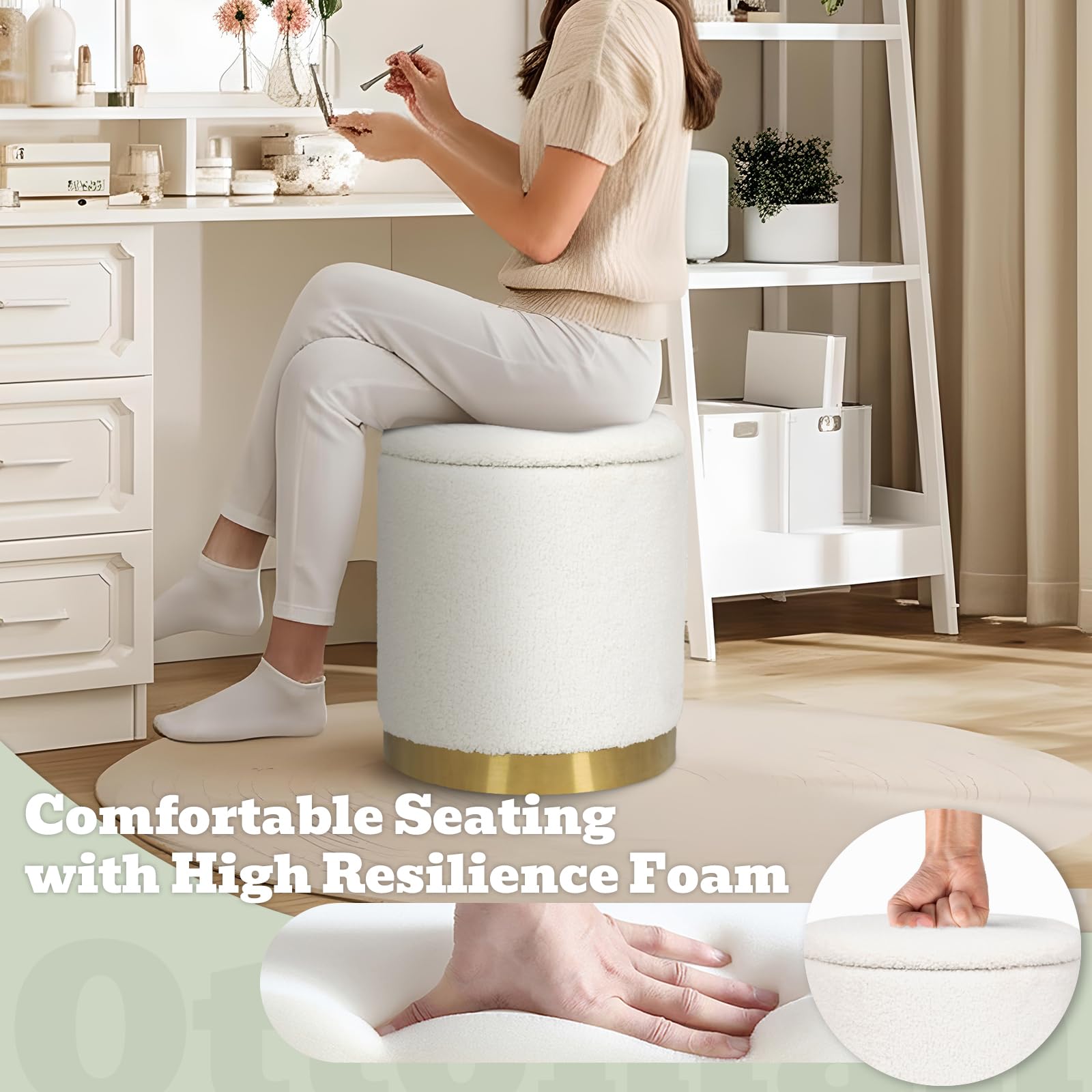 Joveco Boucle Round Ottoman with Storage,Vanity Stool with Storage for Bedroom, Ottoman Coffee Table,Small Boucle Foot Stool for Living Room, Black with Gold Plating