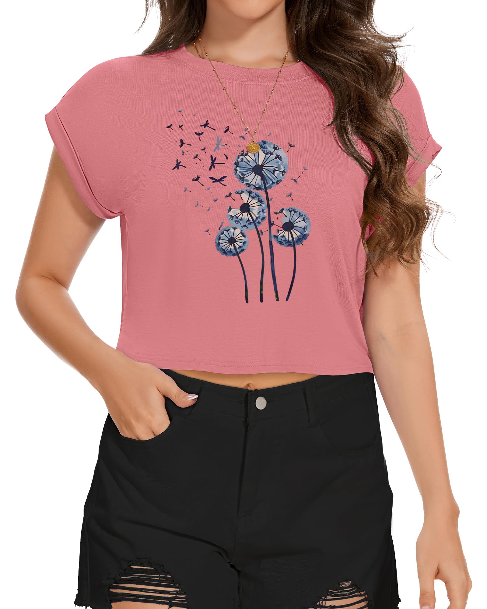 Summer Short Sleeve Crop Tops Womens Crewneck Roll Cap Sleeve T Shirts Loose Fit Basic Tees 2026