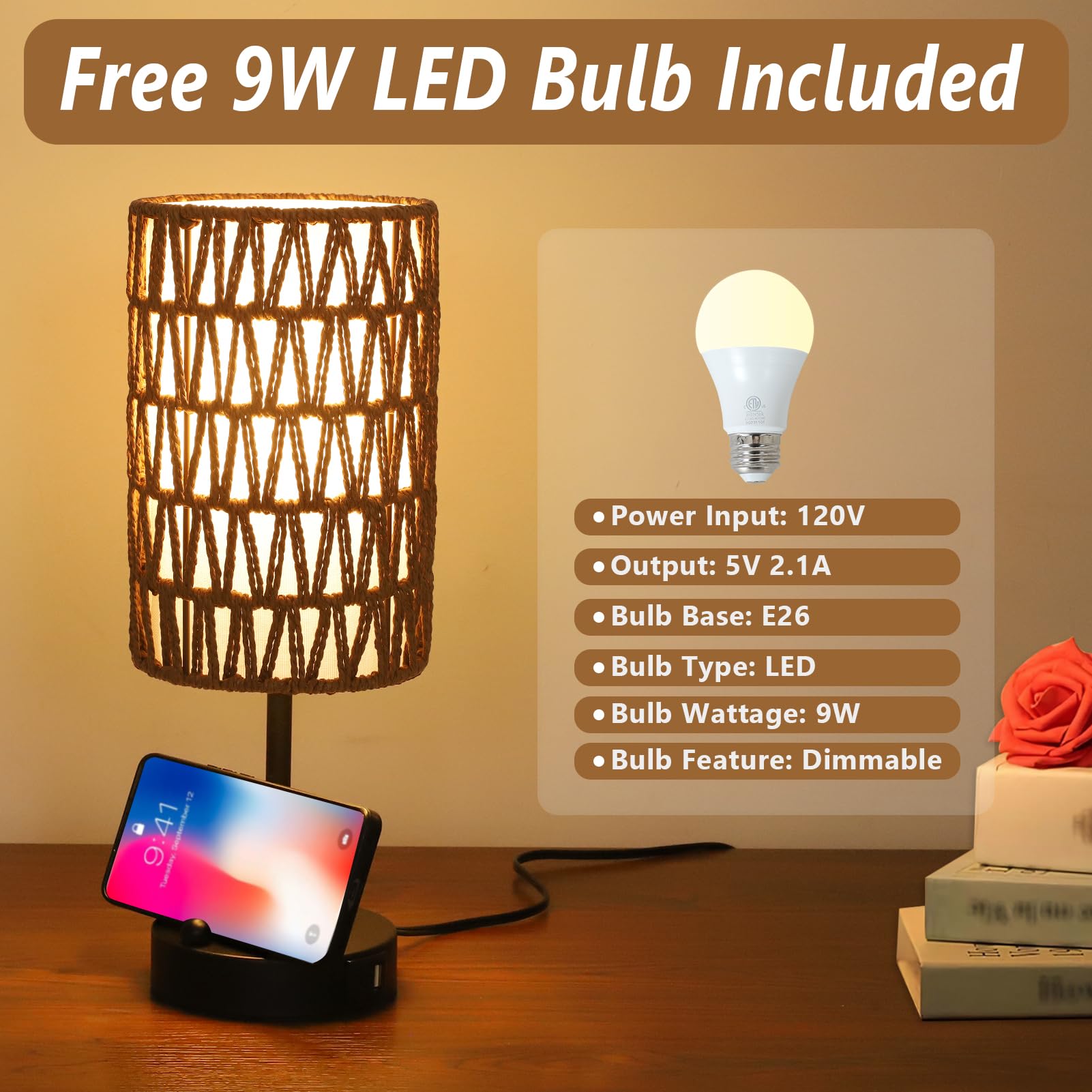 Rattan Bedside Table Lamps Set of 2 - Boho Lamps With 3 Color Temperatures & USB AC Port, Pull Chain Table Lamp For Bedroom, Cute Small Lamp For Nightstand Office Desk Bed Side End Table Living Room