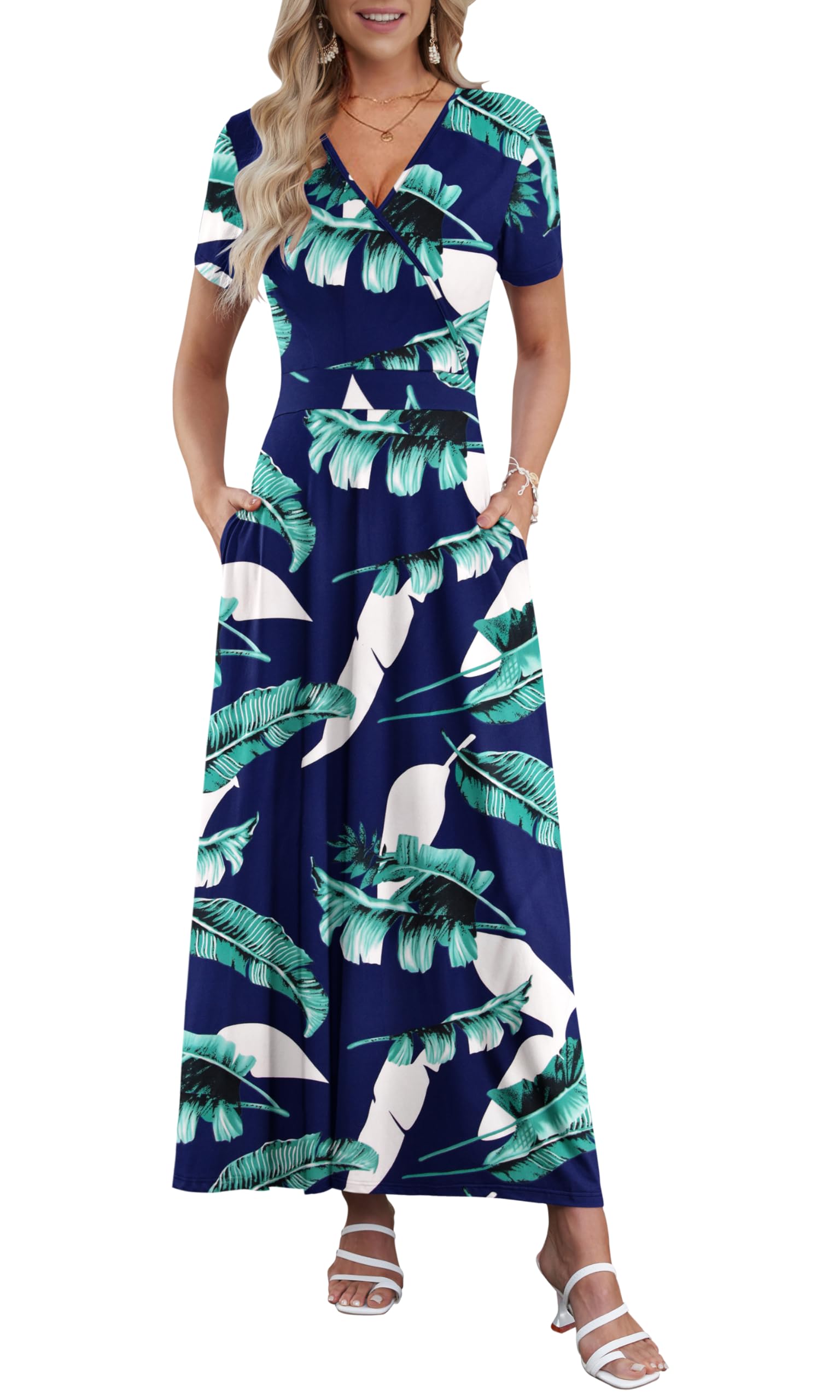 AUSELILY Maxi Dresses for Women Ankle Length Floral Print Beach Long Flowy Dress with Pockets