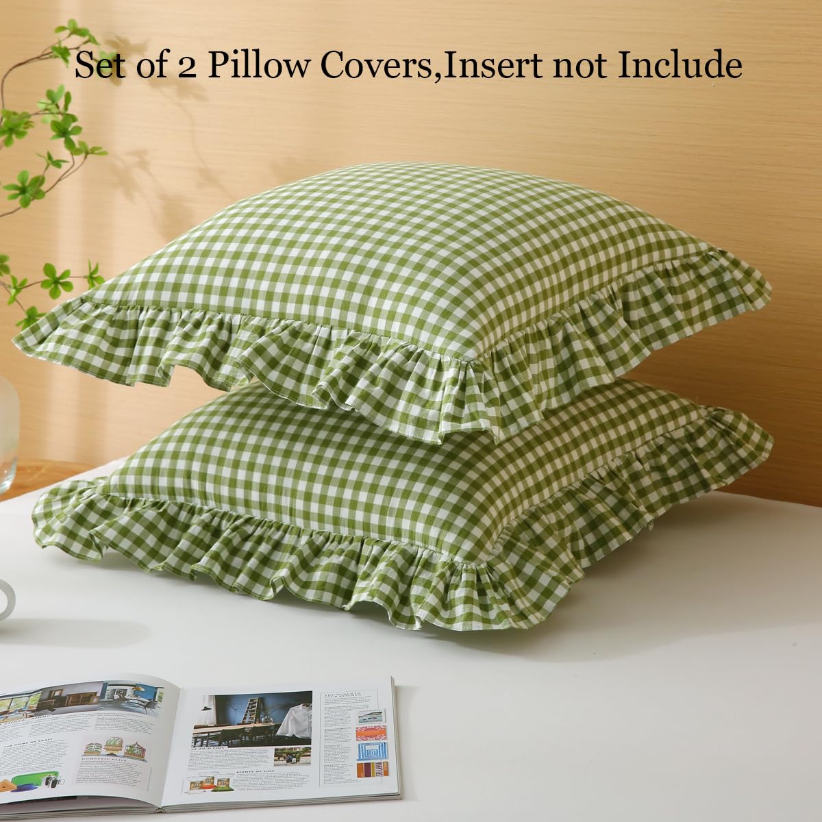 Silnuo Green/White Plaid Ruffled Queen Size Pillow Shams Set of 2,Washed Cotton Shabby Checkered Gingham Farmhouse Bed Pillow Covers 20"x30"