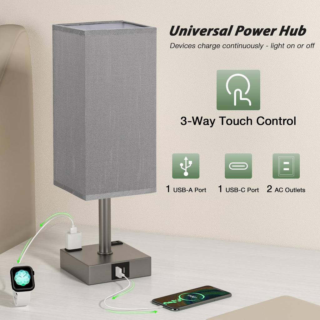 aooshine Set of 2 Touch Nightstand Lamp with USB-C+A Charge Ports& AC Outlets, 3-Way Dimmable Bedside Lamp with White Fabric Shade,Small Table Lamp for Bedroom Guest Room(Bulb Included)