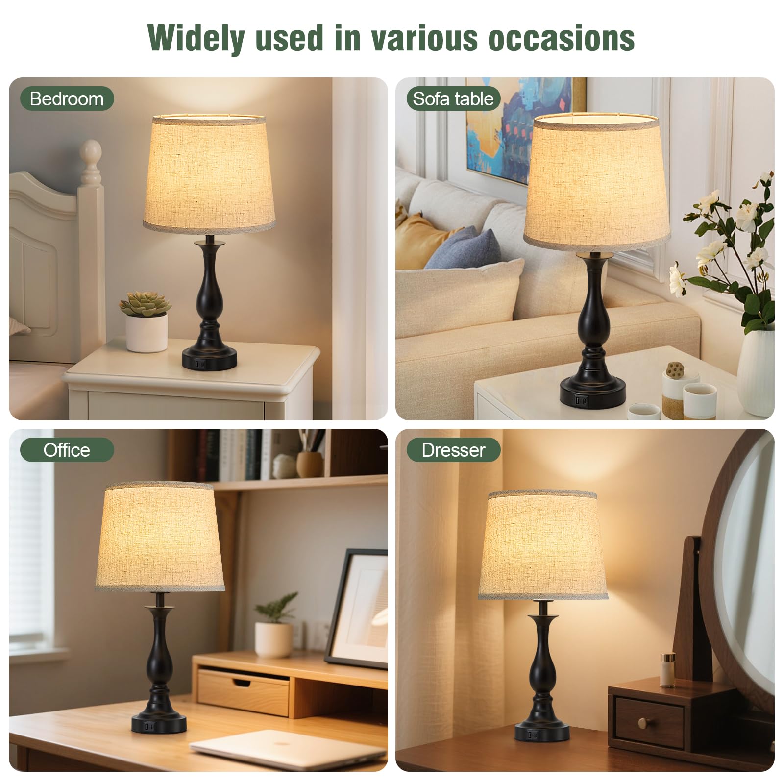 Bedside Table Lamp Touch Control Bedroom Lamps with USB A and C Charging Port 3 Way Dimmable Touch Lamps for Nightstand Living Room Bedroom Dorm Home Office Reading, Set of 2