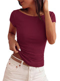 BTFBM Womens Summer Tops 2026 Ribbed T Shirts Crew Neck Short Sleeve Stretchy Ruched Slim Fit Workout Going Out Top