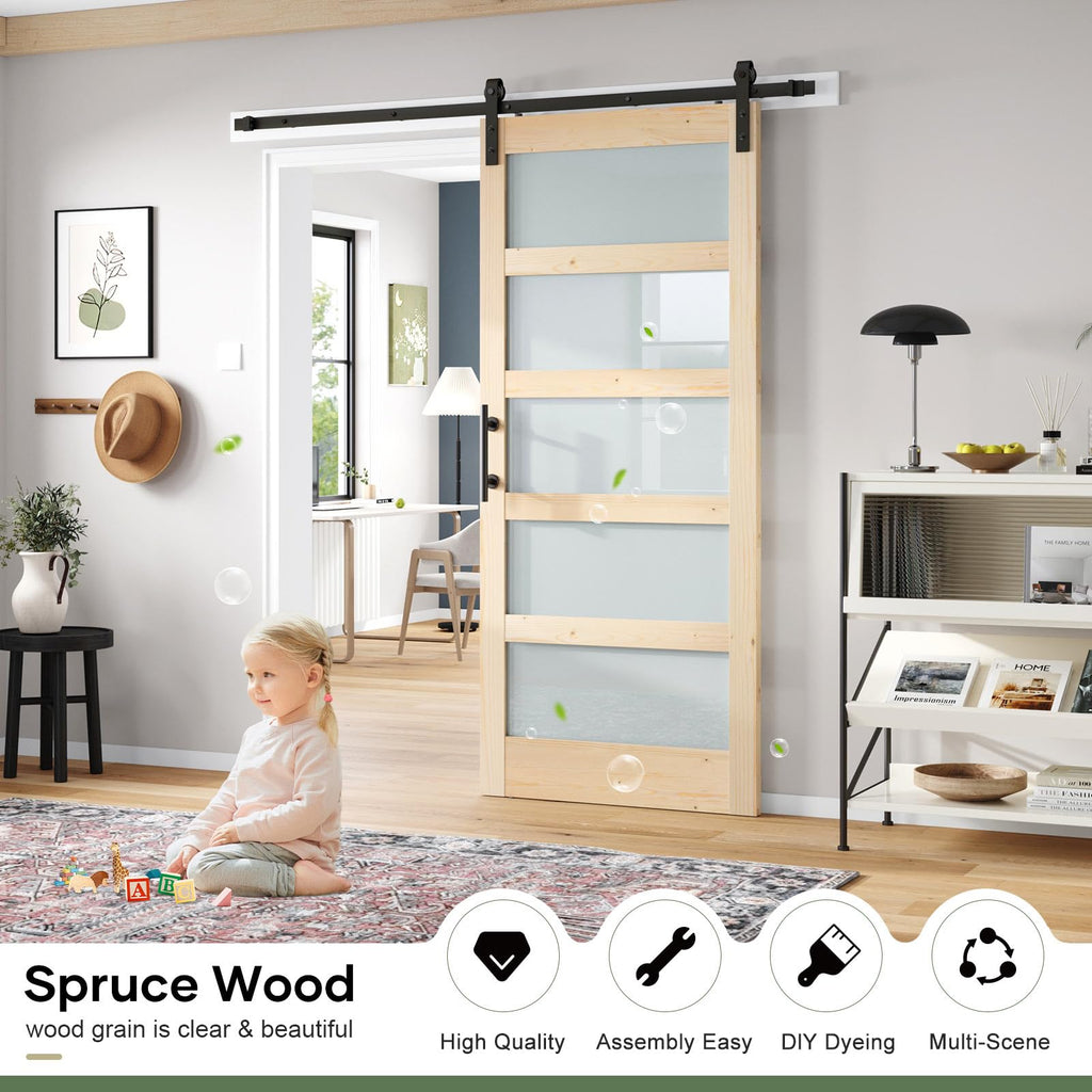 Double 18×84 inch Glass Sliding Barn Door Slab with 6.6ft Hardware Kit Included, 5-Panel Frosted Glass, Spruce Wood Support DIY Dyeing, Easy Assembly