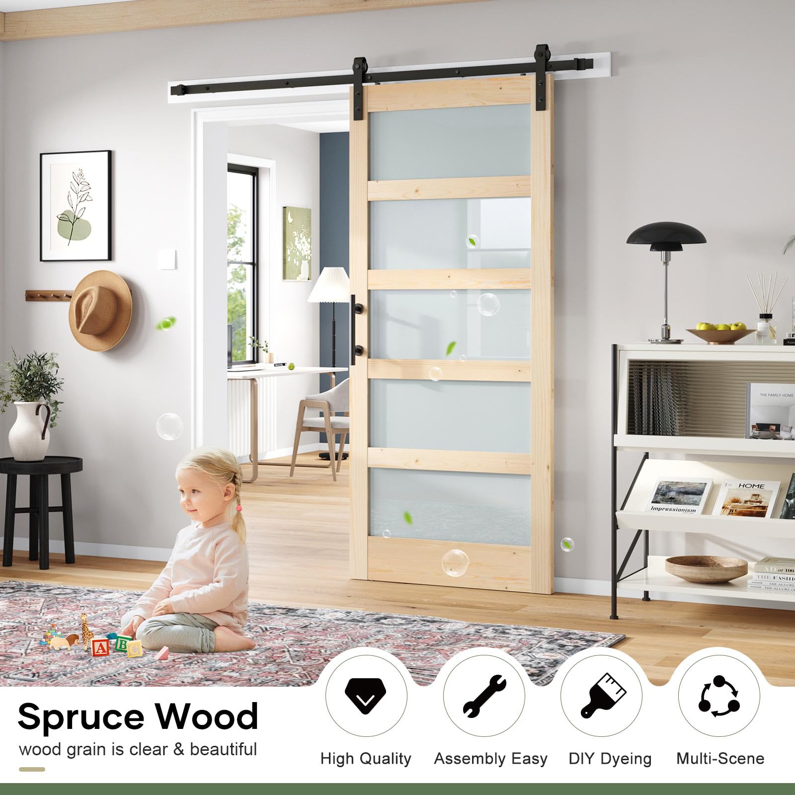 Double 18×84 inch Glass Sliding Barn Door Slab with 6.6ft Hardware Kit Included, 5-Panel Frosted Glass, Spruce Wood Support DIY Dyeing, Easy Assembly