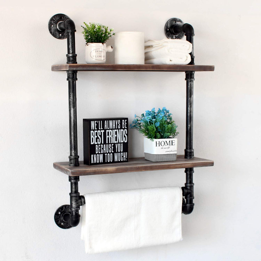 MBQQ Industrial Pipe Shelf Bathroom Shelves Wall Mounted,19.6in Rustic Wood Shelf with Towel Bar,1 Tier Farmhouse Towel Rack,Pipe Shelving Floating Shelves Towel Holder,Black & White
