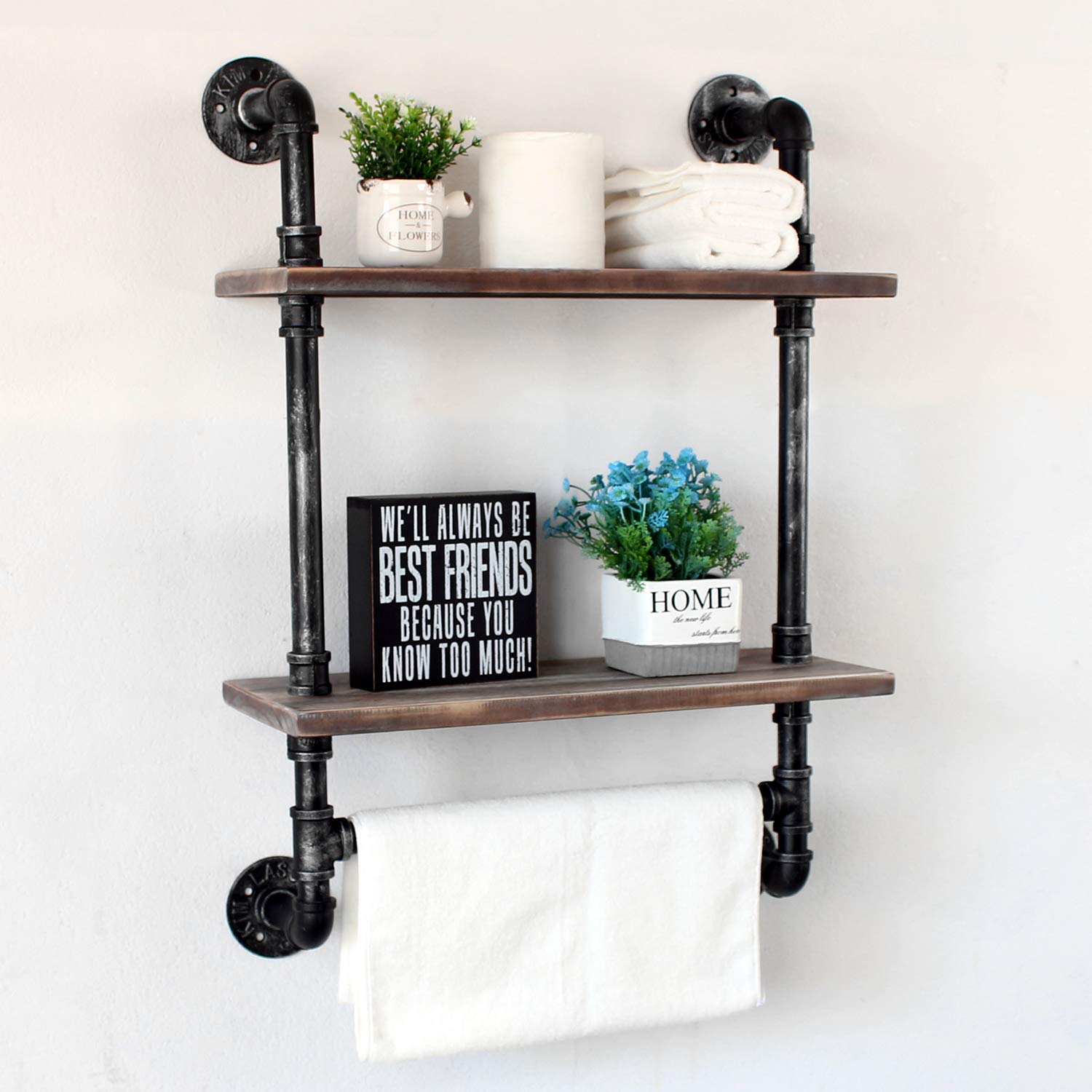 MBQQ Industrial Pipe Shelf Bathroom Shelves Wall Mounted,19.6in Rustic Wood Shelf with Towel Bar,1 Tier Farmhouse Towel Rack,Pipe Shelving Floating Shelves Towel Holder,Black & White