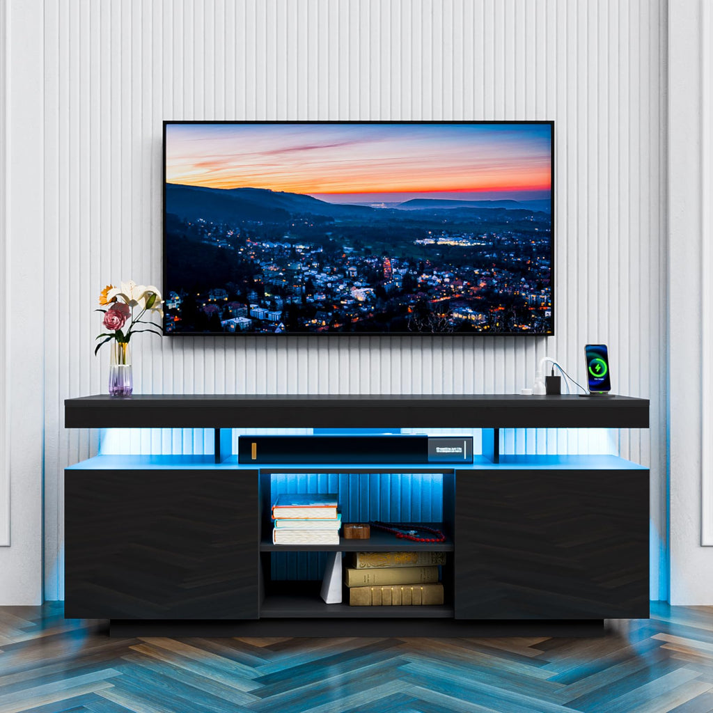 HOMMPA Modern LED TV Stand for 55 Inch TV, Black Tall TV Console with Power Outlet, Entertainment Center with Storage, High Gloss Gaming Media Console Cabinet for Living Room (47 Inch)