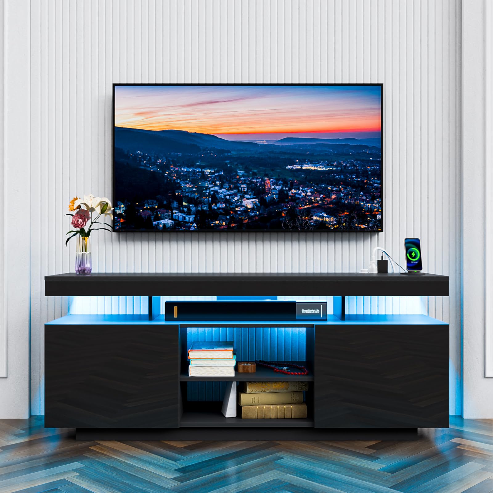 HOMMPA Modern LED TV Stand for 55 Inch TV, Black Tall TV Console with Power Outlet, Entertainment Center with Storage, High Gloss Gaming Media Console Cabinet for Living Room (47 Inch)