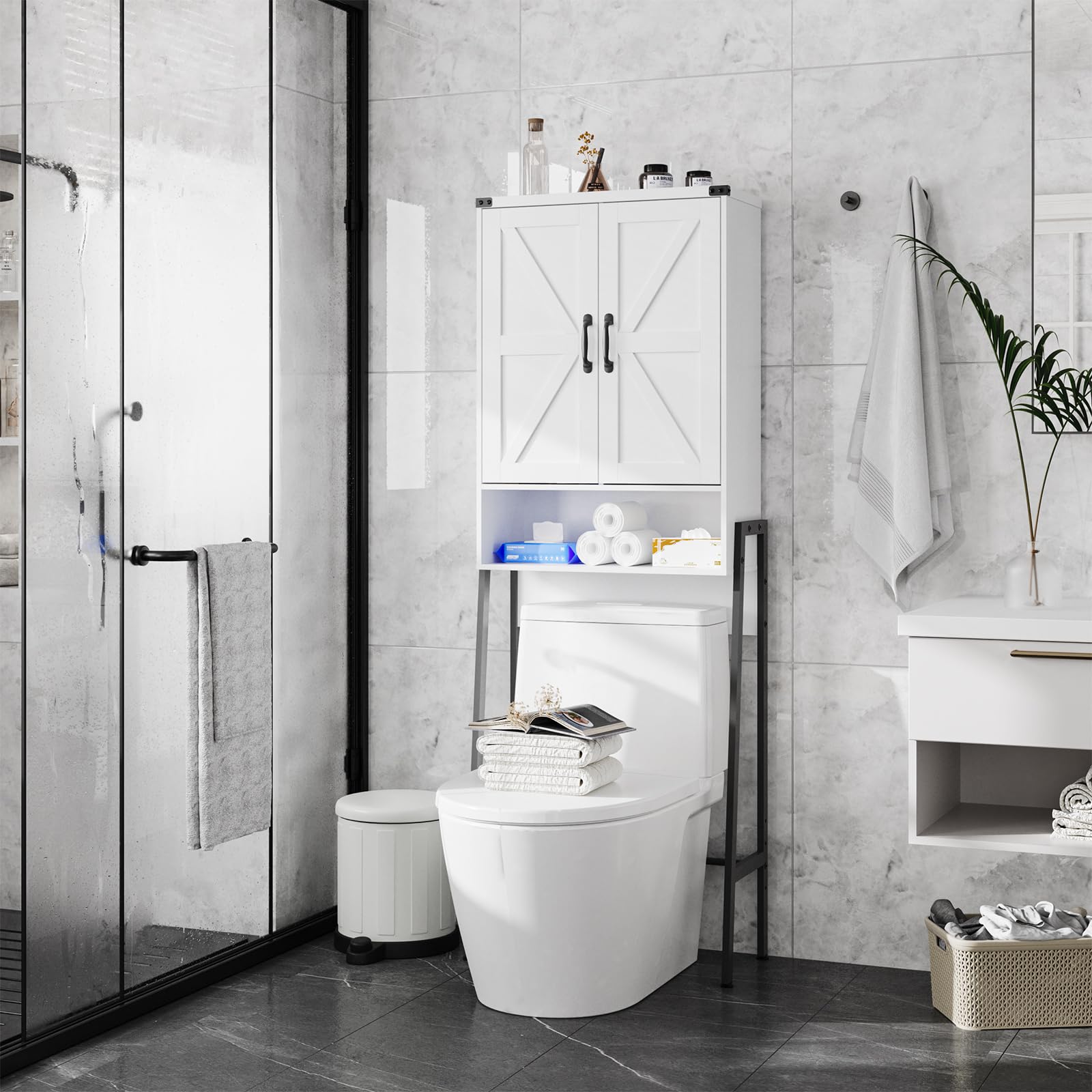 Vabches Over The Toilet Storage Cabinet with 2-Door Design Bathroom Organizers and Storage with Anti-Tip Device Over Toilet Organizer with Shelves for Bathroom,Restroom,Laundry Black
