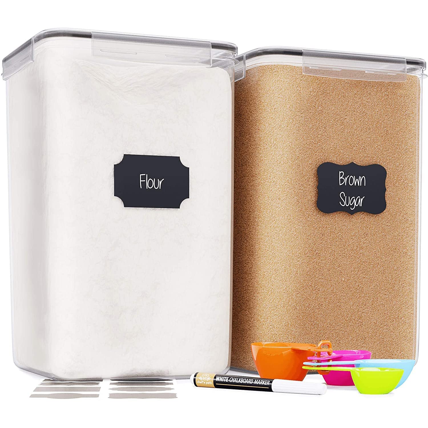 Chef's Path Kitchen Storage Box Set of 4 Extra Large Airtight Food Storage Jars for Sugar Flour Cereal Rice - Measuring Spoons, Pen and Food Preservation Labels (5.2 L)