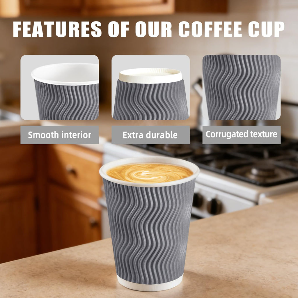 BYSNOW 100 Pack 10 oz Coffee Cups with Lids, Disposable Insulated Hot Cups To Go Paper Coffee Cups, Corrugated Ripple Wall Cup for Hot Drink, Office, Coffee Bar (Grey 10 oz)