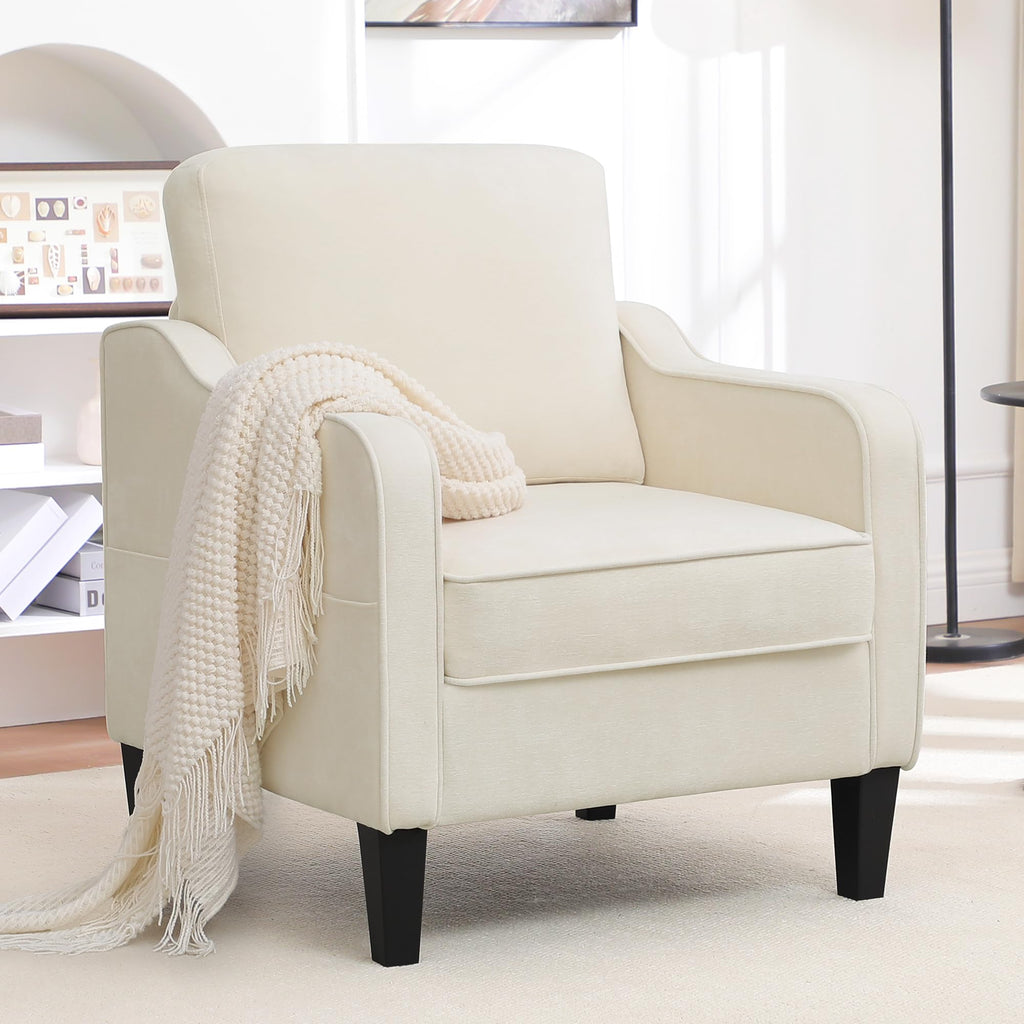 Accent Chair for Living Room, Mid Century Modern Reading Chair for Bedroom, Upholstered Armchair with Side Pockets, Comfy Single Sofa Side Chair for Office, Apartment, Small Room, Beige