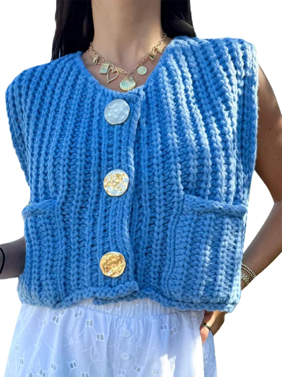 KEOMUD Women's Sleeveless Cropped Knit Cardigan Casual Button Down Crochet Sweater Vest Tops with Pockets