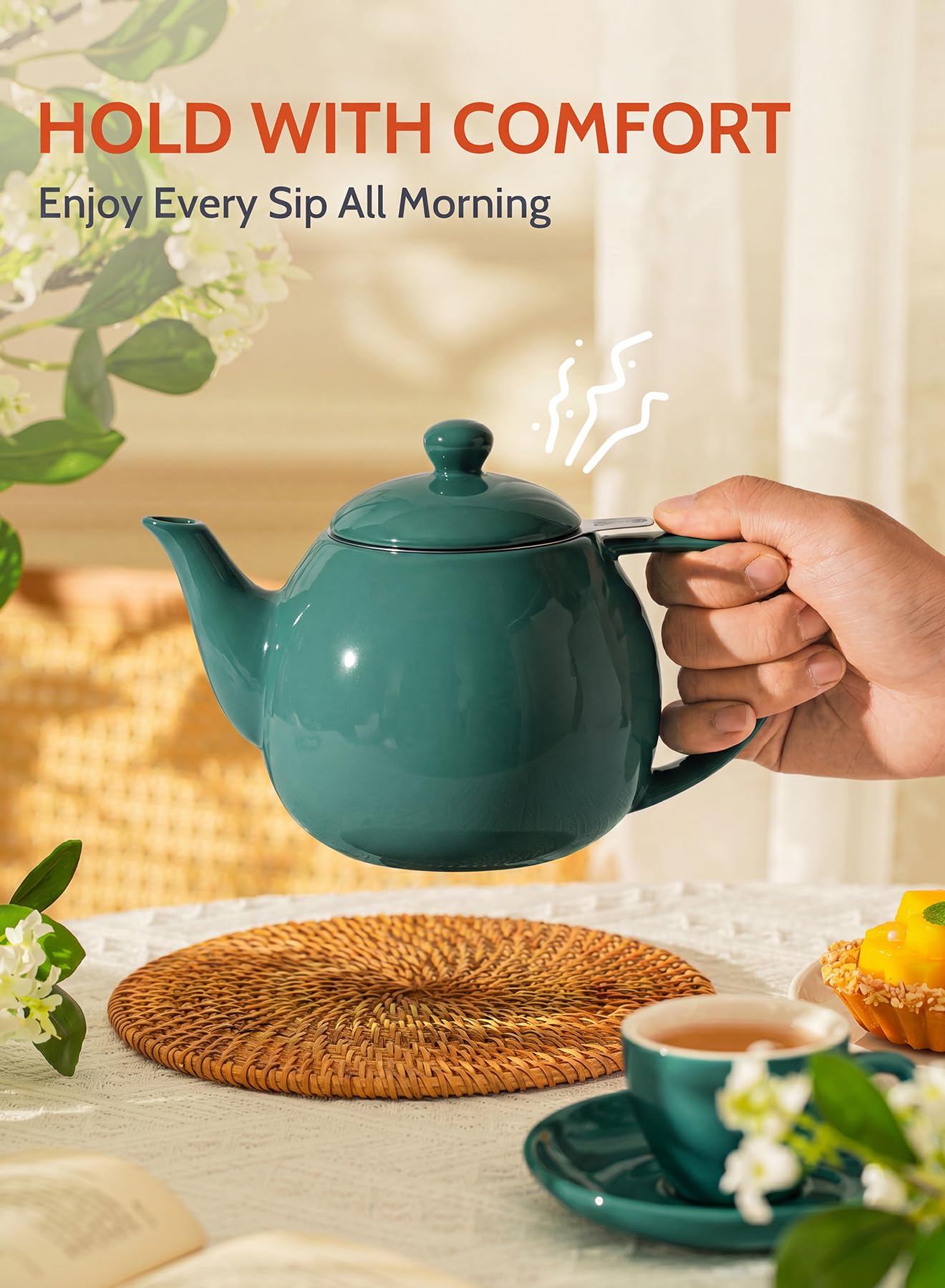 Sweese Porcelain Teapot 27 oz with Infuser for Loose Leaf Tea, Bluish Grey