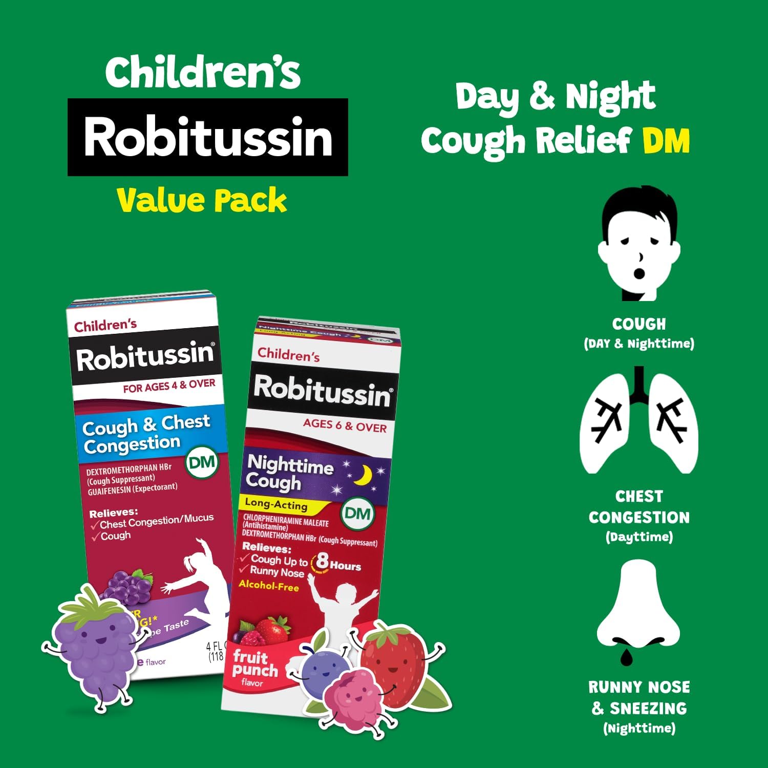 Children's Robitussin DM Day and Night Cough Relief Value Pack, Cough Medicine, Grape/Fruit Punch Flavor - 4 Fl Oz x 2