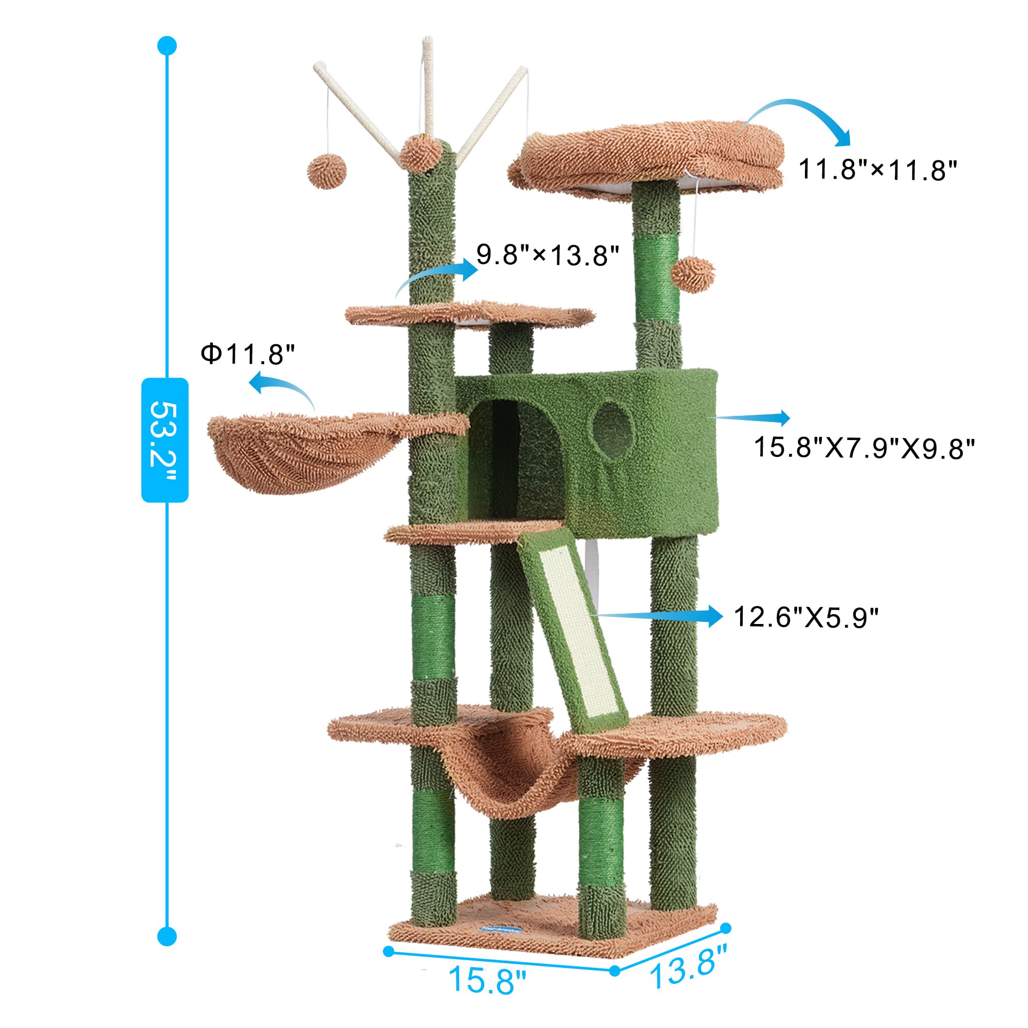 Hey-brother Cat Tree, 53 inch Cat Tower for Indoor Cats, Cat House with Padded Platform Bed, Toy Balls, Large Cozy Condo, Hammocks and Sisal Scratching Posts, Beige MPJ019-SM