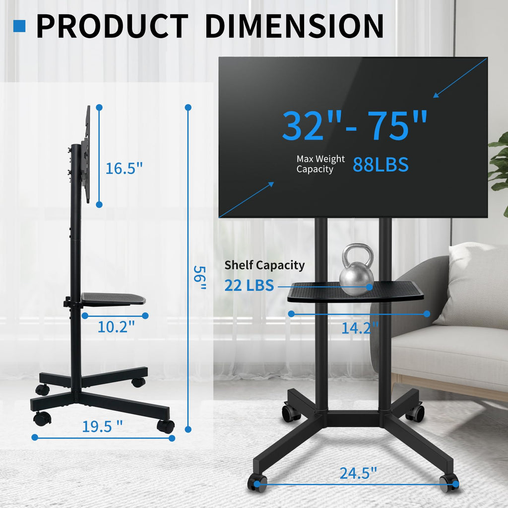 Solid Grace Rolling TV Stand with Power Outlet for 32-75 Inch TVs up to 88lbs, Portable TV Stand with Shelf, Mobile TV Cart for Living Room, Office, Meeting Room, Outdoor(with Power Outlet+Shelf)