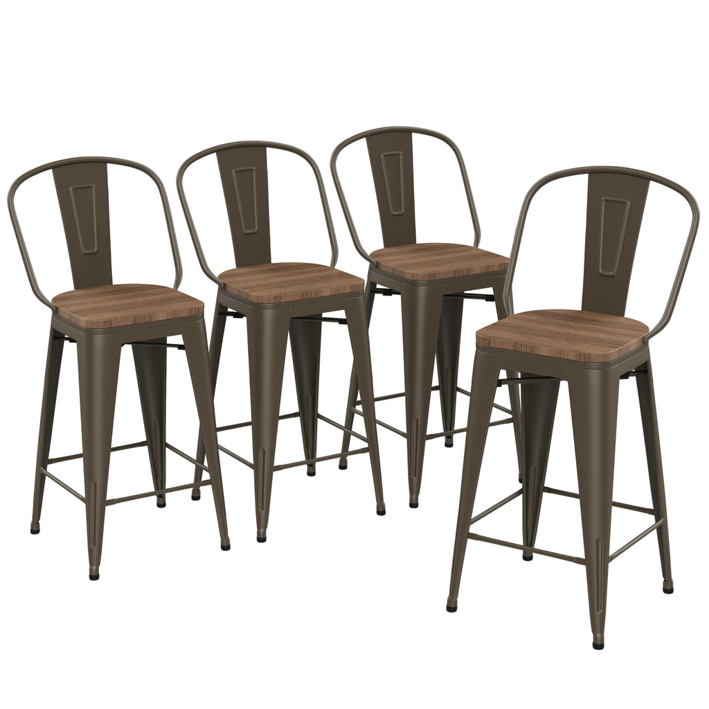 Barstools Set of 4 Counter Height Bar Stools for Kitchen Island Farmhouse Metal High Back Bar Chairs Wooden Seat 24" Matte Black
