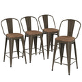 Barstools Set of 4 Counter Height Bar Stools for Kitchen Island Farmhouse Metal High Back Bar Chairs Wooden Seat 24" Matte Black