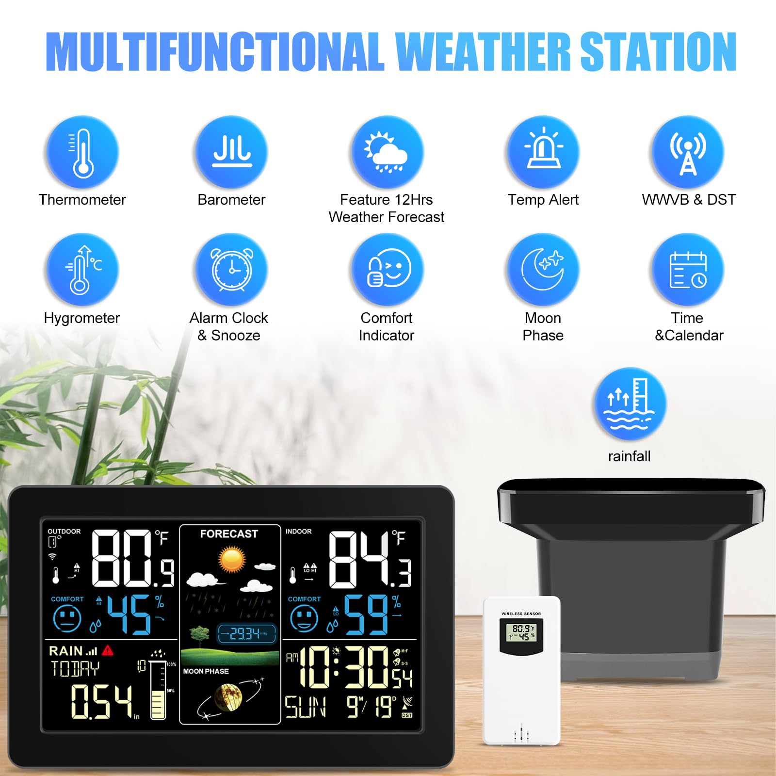 Weather Station with Rain Gauge Outdoor, Home Weather Stations Wireless Indoor Outdoor with Digital Rain Gauges, Thermometer, Barometer, Hygrometer, Atomic Clock, Weather Forecast, with 3 Sensor