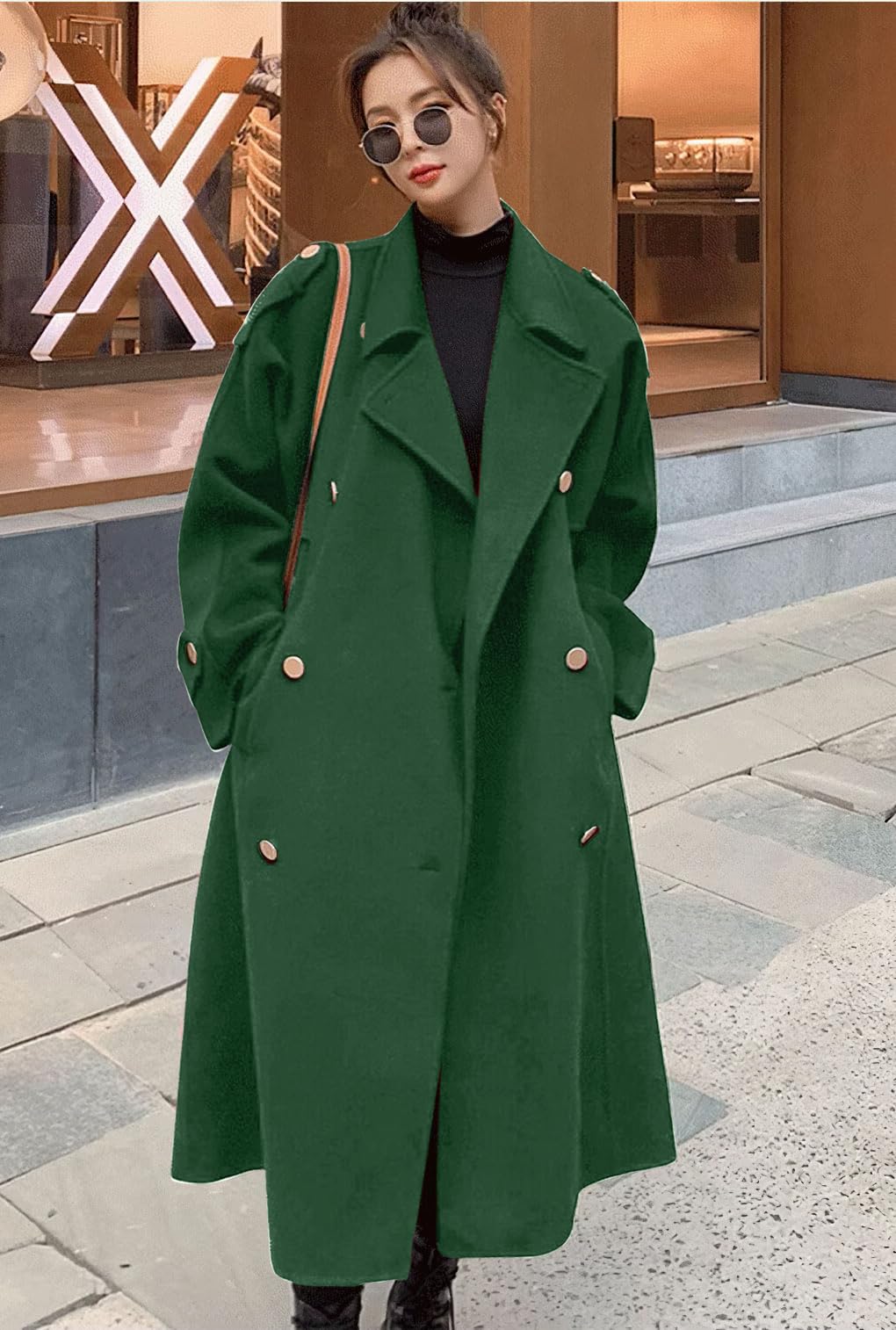 chouyatou Women's Winter Double Breasted Midi Long Wool Pea Coat Notch Lapel Winter Trench Coat