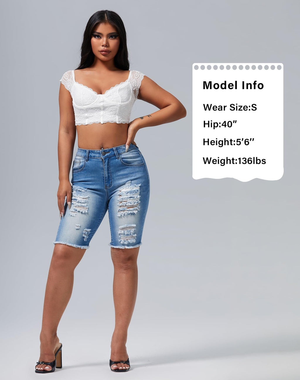 roswear Womens Ripped Stretchy Long Jean Shorts Mid Rise Frayed Cut Off Bermuda Shorts