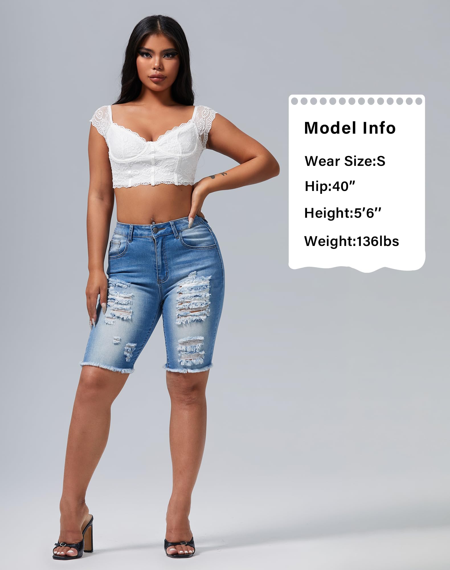 roswear Womens Ripped Stretchy Long Jean Shorts Mid Rise Frayed Cut Off Bermuda Shorts