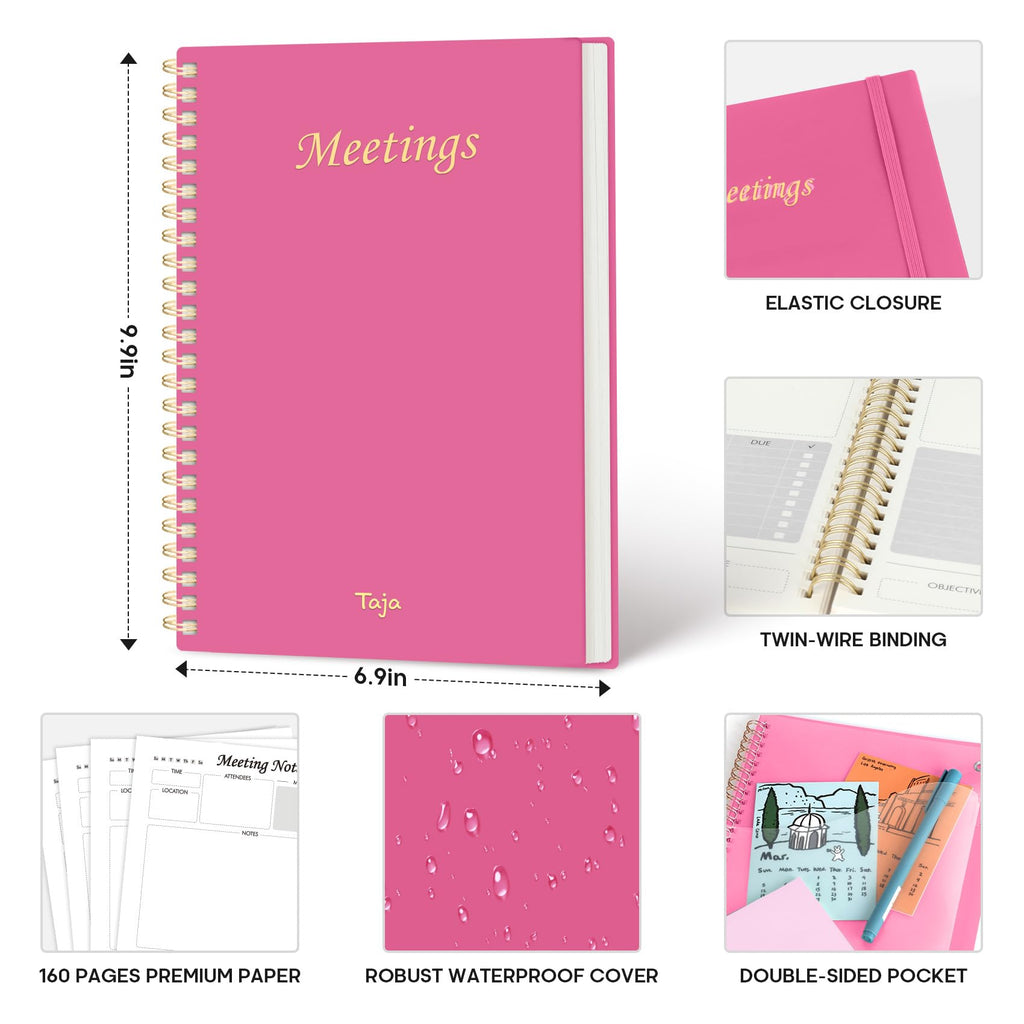 Meeting Notebook for Work Organization - Work Planner Notebook with Action Items, Agenda Planner for Note Taking, 160 Pages (6.9" X 9.9") Project Organizer for Men & Women - Pink