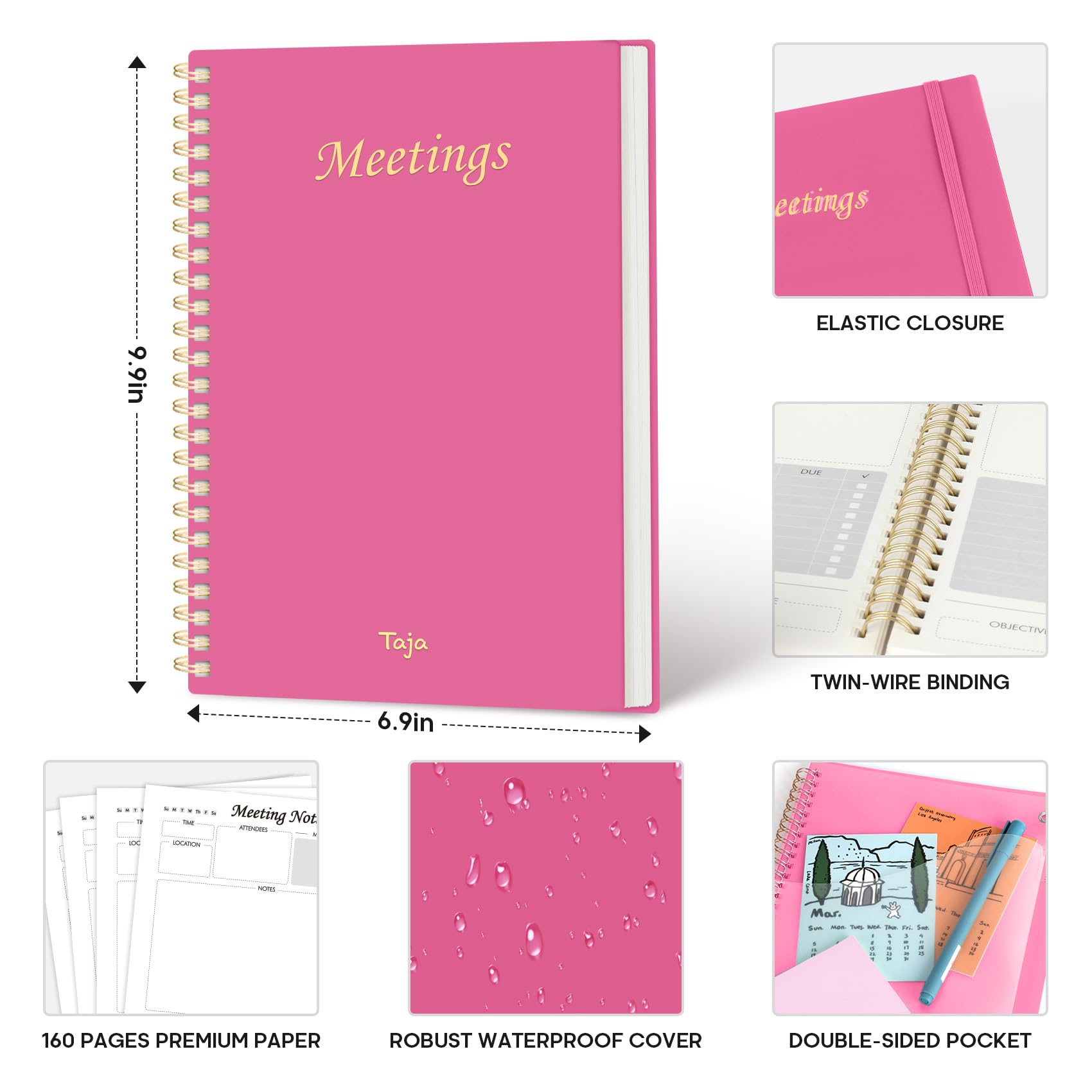 Meeting Notebook for Work Organization - Work Planner Notebook with Action Items, Agenda Planner for Note Taking, 160 Pages (6.9" X 9.9") Project Organizer for Men & Women - Pink