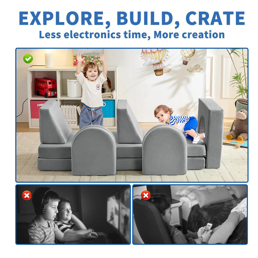 wanan Kids Couch 10PCS, Modular Kids Play Couch for Playroom Bedroom, 10 in 1 Multifunctional Kid Sofa for Playing, Creativing, Sleeping, Indoor Toddler Couches for Boys and Girls(Dark Grey)