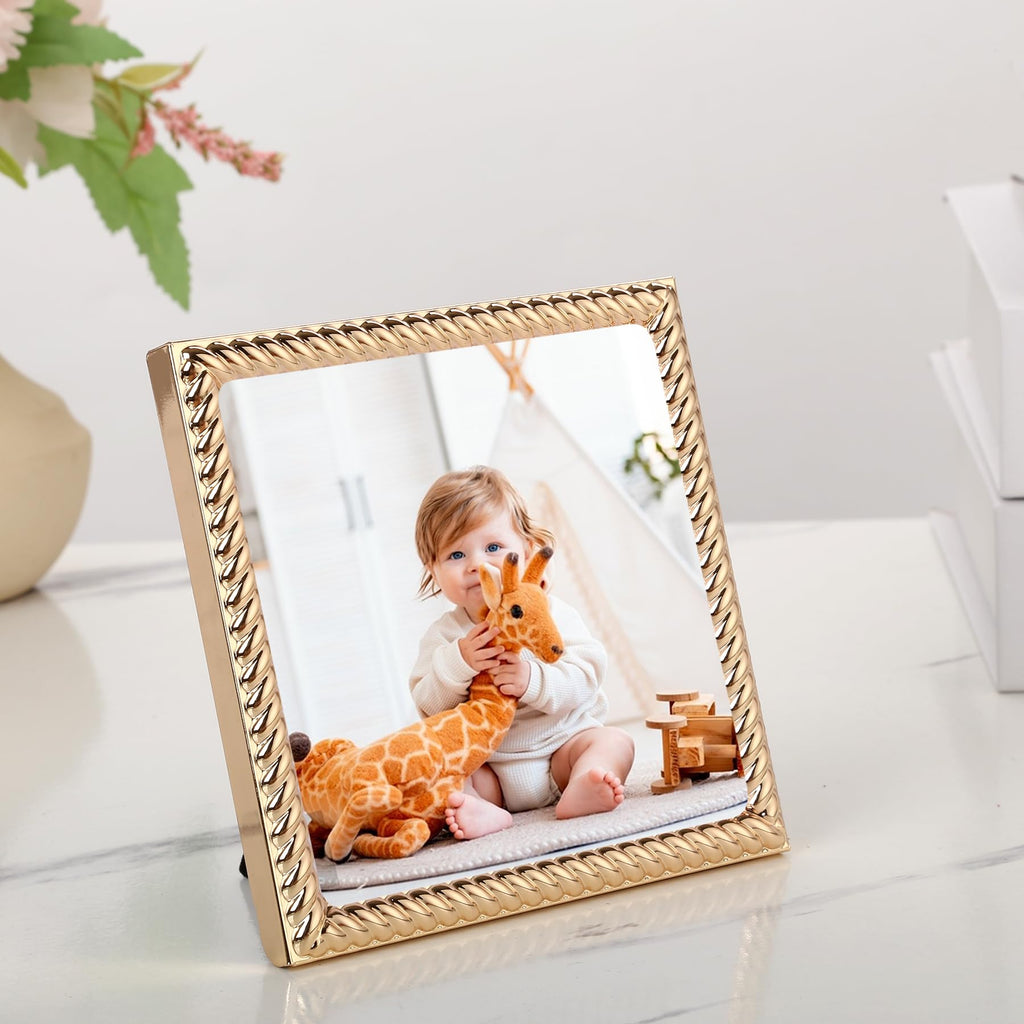 4x4 Gold Rope Design Metal Picture Frame With Mat for 3x3'', Premium Velvet Backing Real Glass Front Desktop & Wall Display Elegant Home Decor